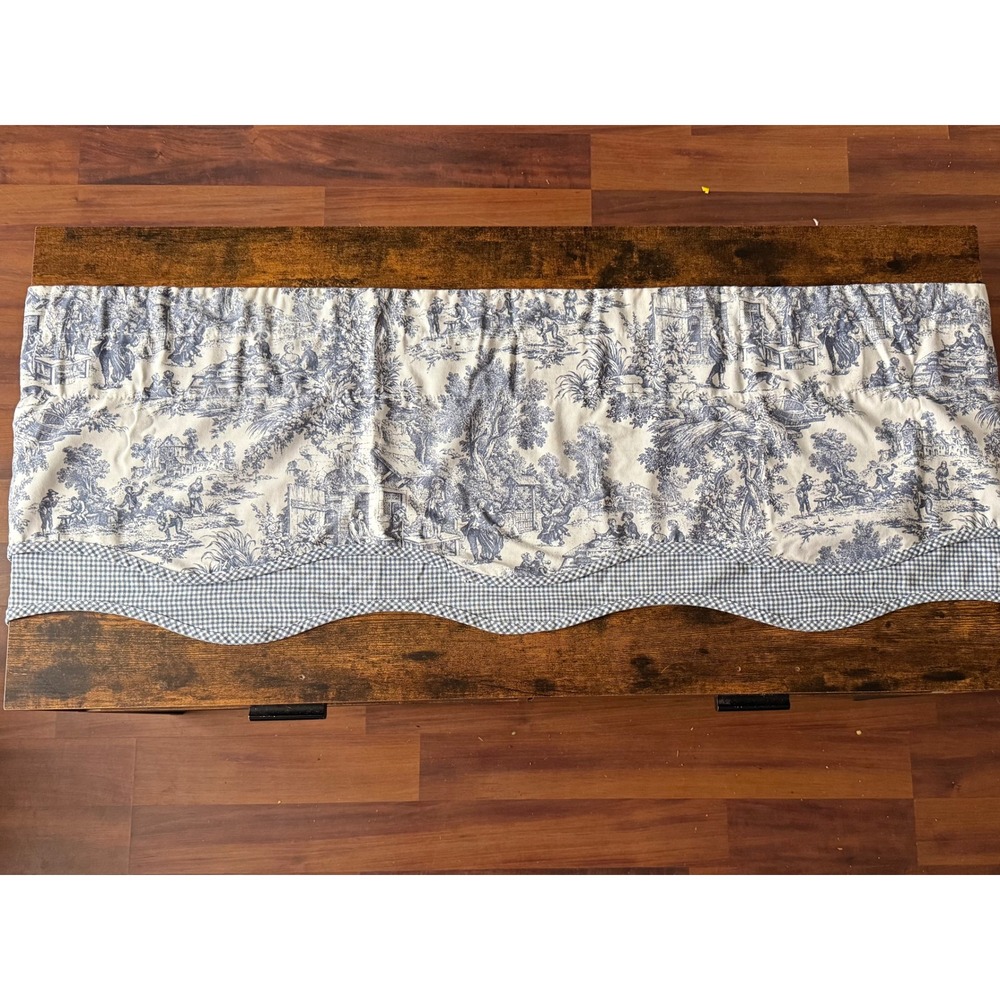 Blue & Cream Toile Window Valance Gingham Scalloped Trim 66 x 16 1/2 Rod Pocket